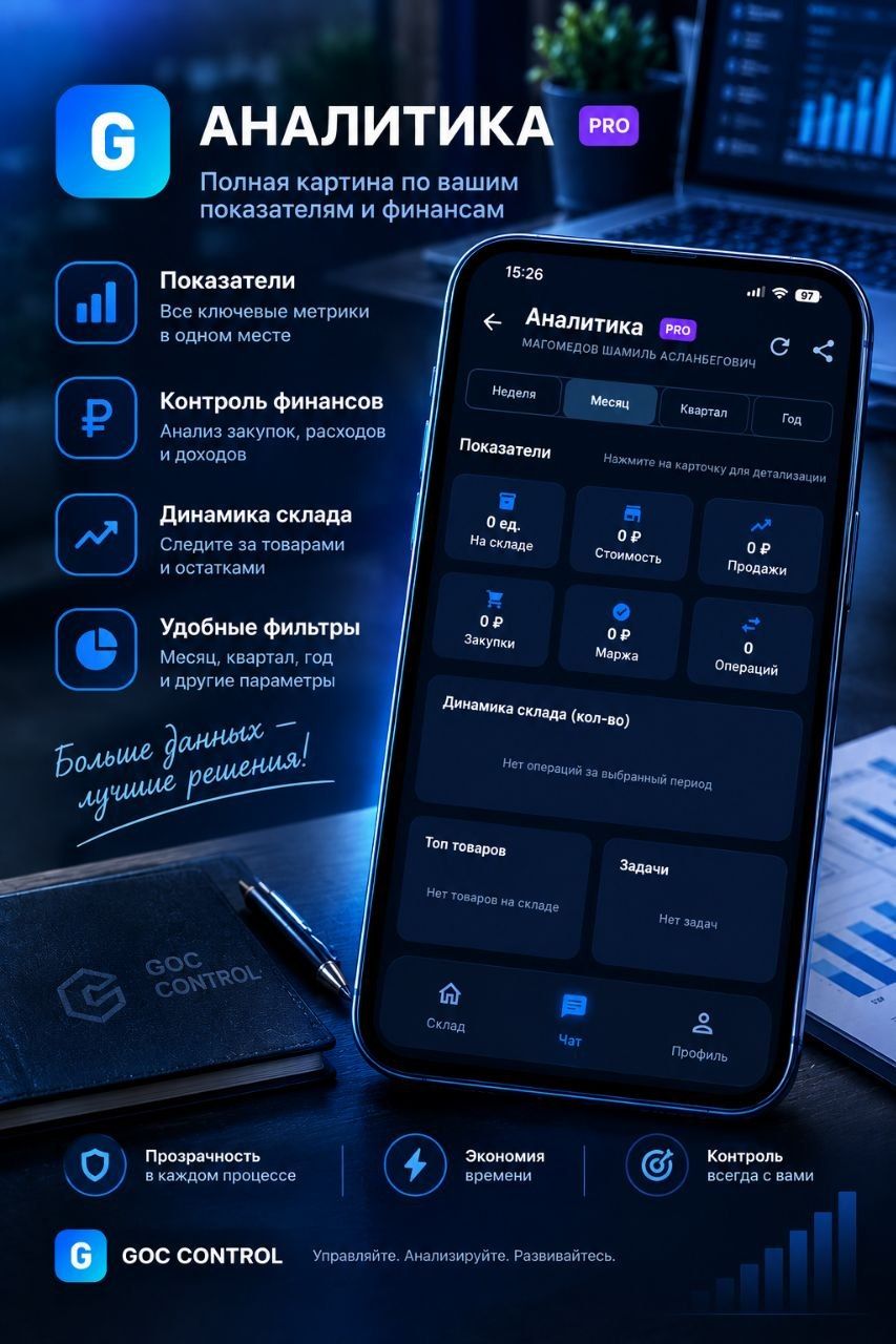 Экран «Аналитика»: показатели, контроль финансов и динамика склада